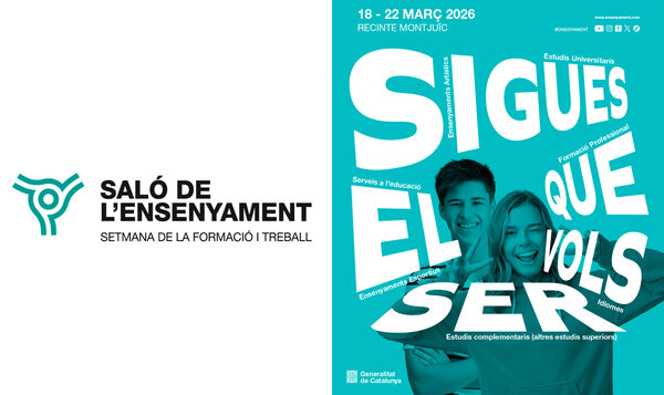 Poster for the Saló Ensenyament 2026 showing two cheerful young people against a blue background