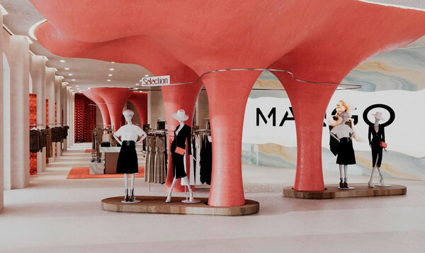 Commercial interior of a clothing store with rounded shapes on the walls and coral colors